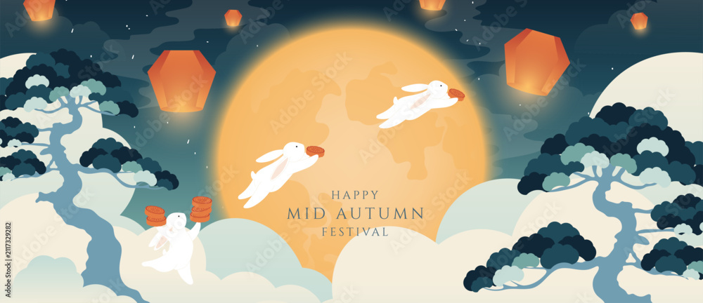 Obraz premium Mid Autumn Festival vector background wallpaper with two jade rabbits on mooncakes, glowing full moon, hanging lanterns, osmanthus blossoms and purple sky