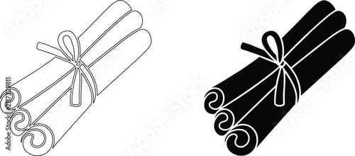 Fotografie Cinnamon sticks tied with ribbon, outline and silhouette, healthy spice for cooking and baking, isolated on transparent background