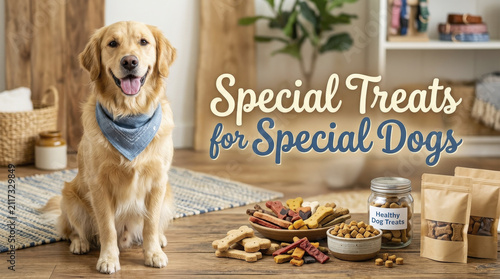 Happy Golden Retriever with special dog treats for International Dog Day, celebrating pet health and well-being in a cozy home.