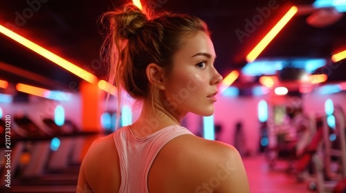 A young woman is captured in a brightly lit gym, glancing back while showcasing strength and determination amidst vibrant neon lights that add energy to the scene.