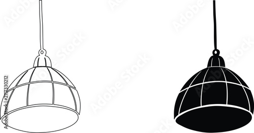 Foto Line art and silhouette of industrial pendant light with metal cage for kitchen and loft decor