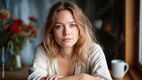 This image showcases a young woman with a relaxed expression, basking in natural light, emphasizing authenticity and beauty in a cozy home environment.