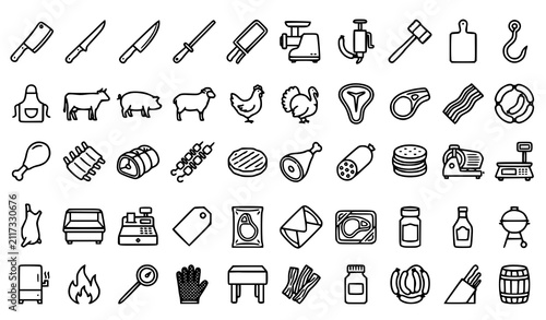 Canvastavla Set of hand drawn butcher shop and meat processing icons on a white background