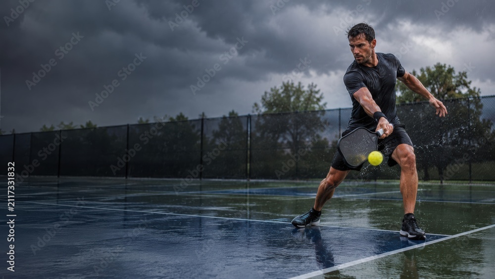 Fototapeta premium man intensely playing pickleball on an outdoor court under dark, stormy skies.