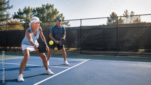 Two seniors playing pickleball on an outdoor court, focused and actively engaged in the game on a sunny day.