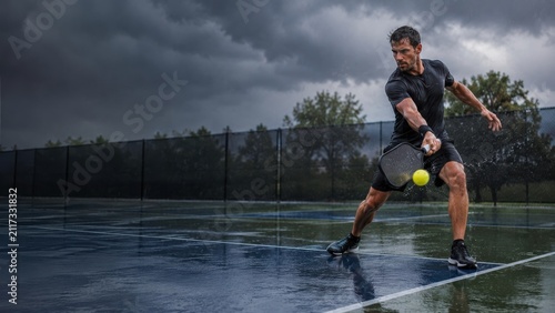 man intensely playing pickleball on an outdoor court under dark, stormy skies.