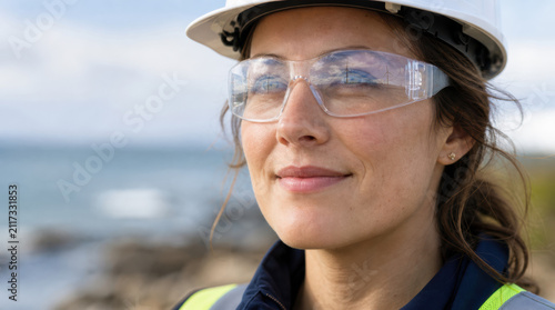 Female engineer safety glasses hard hat portrait close up determined energy coastal worker protective eyewear and helmet on confident woman at seaside industrial site