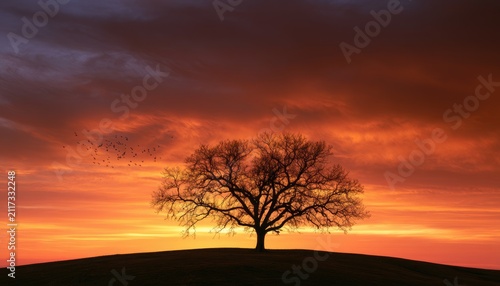 Solitary tree silhouetted against vibrant sunset sky, flock of birds
