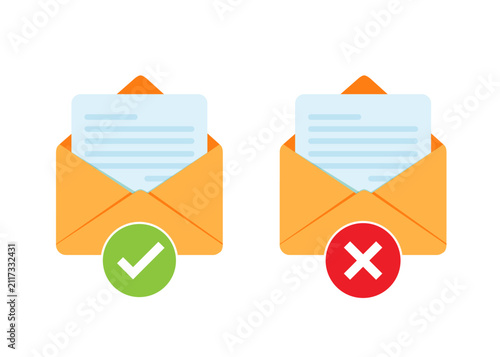 two open envelopes with letter paper checkmark and cross mark icons