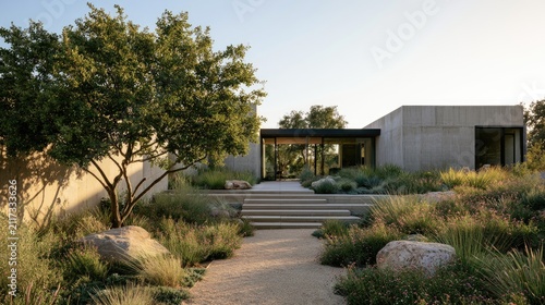 Modern concrete house with natural landscaping and ample sunlight