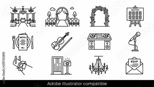 Minimal Black Outline Indian Wedding & Event Icons: Editable Stroke-Based Vector Set for Ballrooms, Outdoor Ceremonies & DJ Booths