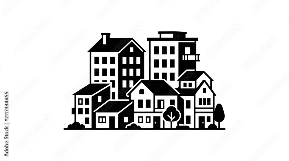 Fototapeta premium Black and white illustration of a small town neighborhood with houses and buildings.