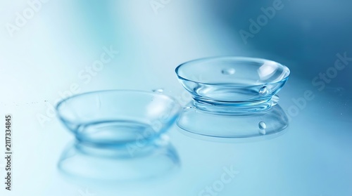 Two clear soft contact lenses for eye vision correction on a blue surface