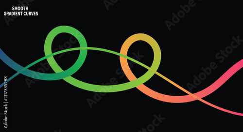 Dark abstract neon loop background. Colorful 3D gradient curved lines and loop swirls horizontal web banner.
