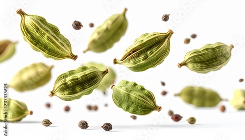 Green cardamom pods and seeds levitating and falling isolated on white background, macro shot