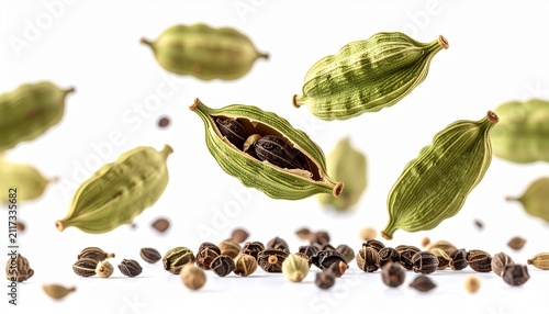 Aromatic Green Cardamom Pods and Seeds Floating in Air Isolated on White Background
