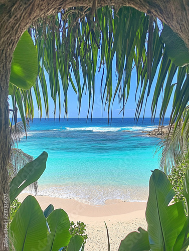 Scenic view of a tropical white sand beach and turquoise ocean framed by lush green palm leaves under a clear blue sky
