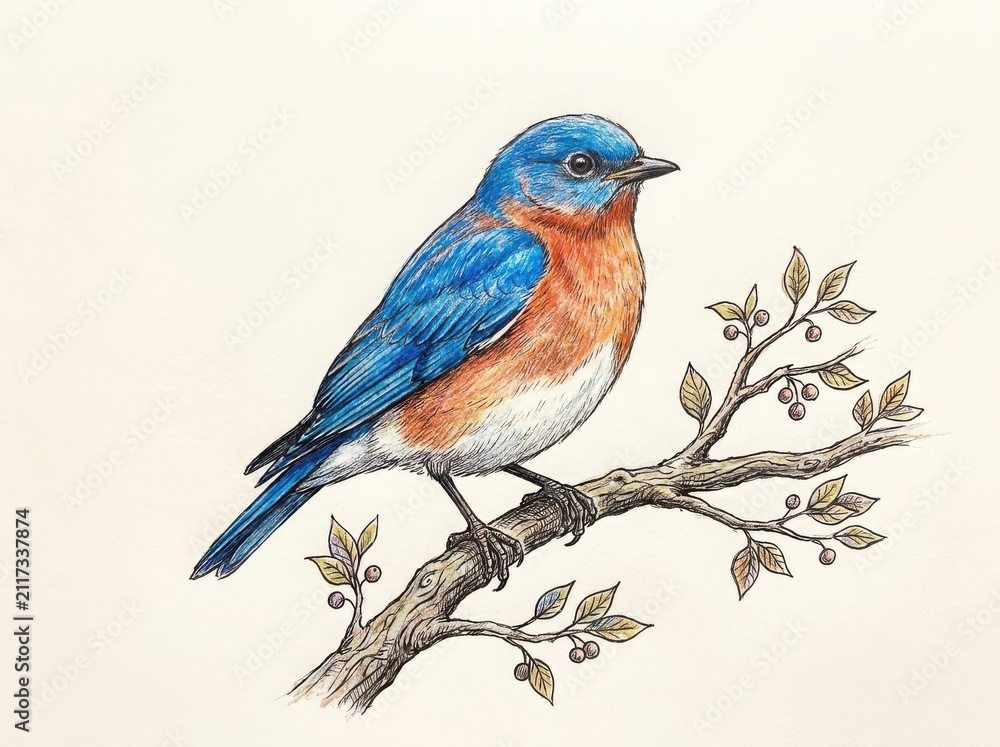 Obraz premium Beautiful bluebird perched on a tree branch drawing in a colorful artistic sketch style with fine ink lines and soft shading