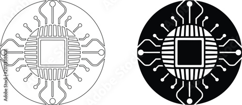 Circular circuit board pattern with central processor representing computer technology and digital information processing.