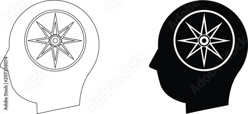 Compass star icon inside human head silhouette representing decision making and finding direction in life and career.