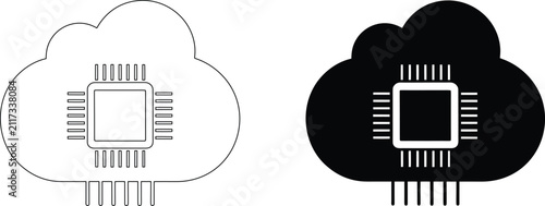 Cloud with computer chip icon outline and filled silhouette for technology concept.