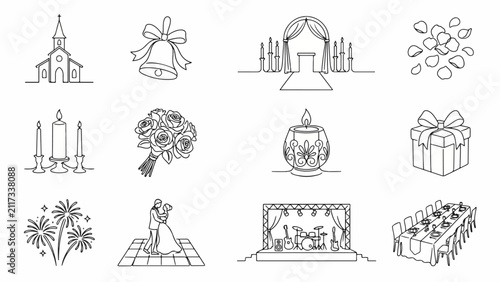 Elegant Monoline Indian Wedding Celebration Icons: Black & White Editable Outline Vector Set for Church, Altar & Banquet Decor