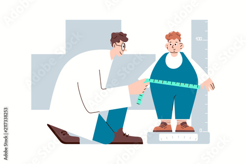 Doctor measures child's waist circumference, height and weight during pediatric obesity assessment and health checkup. Vector character illustration.