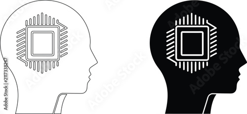 Cpu processor icon inside human head silhouette representing high tech cognitive learning and computer system thinking.
