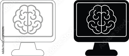 Computer monitor displaying brain outline and filled silhouette for artificial intelligence concept.