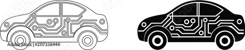 Electric car icon outline and solid black illustration, represents technology and transportation, futuristic vehicle graphic, automotive design.