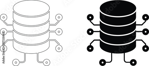 Data storage and network connections schematic icon outline and solid black.