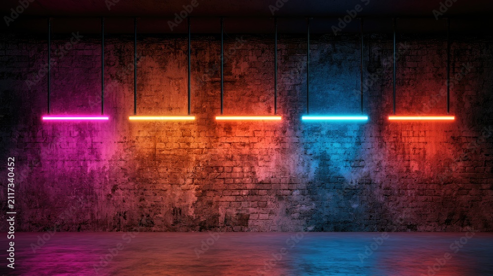 Naklejka premium Five vibrant neon lights illuminating a textured brick wall