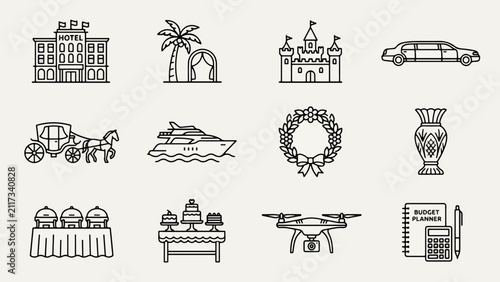 Professional Line Art Indian Luxury Event Planner Icons: Consistent Black Outline Vector Set for Hotels, Castles, Yachts & Drones