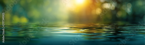 Reflections on water with sunlight shining through trees in a natural setting