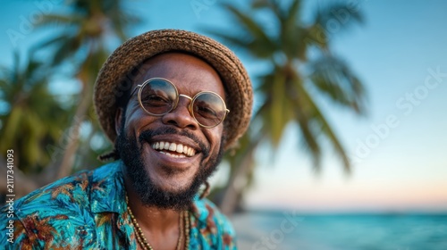 A cheerful man with glasses enjoys a sunny day at the beach, surrounded by palm trees, capturing the essence of joyous moments and carefree tropical living.