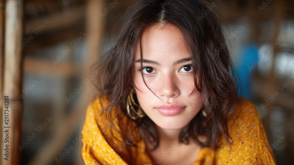 Obraz premium A stunning young woman with natural beauty poses for the camera, wearing a vibrant yellow outfit that reflects the warmth of summer and a spirit of adventure.