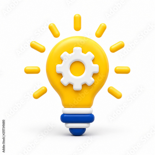 3D lightbulb icon with gear inside symbolizing creative idea and innovation