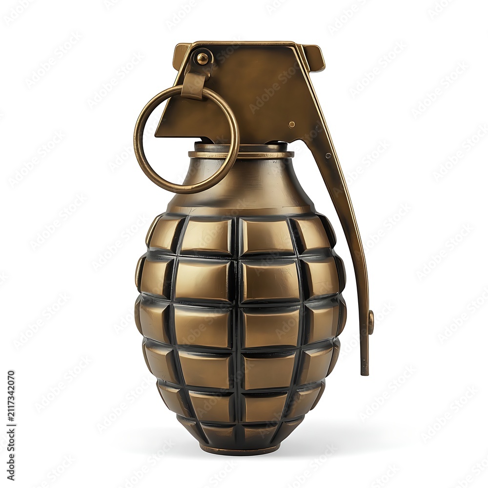 Obraz premium Close up of a classic metal pineapple shaped hand grenade with pin isolated on white background military explosive tactical pineapple explosives detonation equipment conflict ordnance