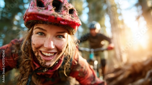 A lively scene of a smiling young female mountain biker covered in mud, showcasing the thrill of adventure and the joy of being in nature with friends on a challenging trail.