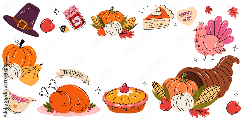 Fototapeta premium Thanksgiving Day frame background template with turkey, pumpkin, cornucopia, pie, hat, and autumn leaves hand drawn. Vector Festive horizontal border banner for holiday greeting card or sale poster