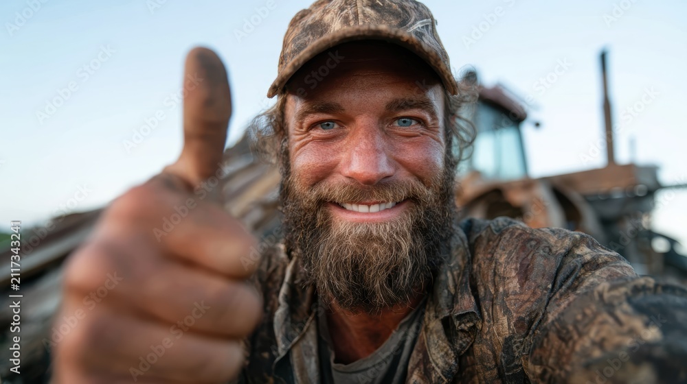 Fototapeta premium This cheerful portrait captures a rugged man with a beard giving a thumbs-up while wearing a camouflage outfit, displaying contentment and happiness against a rustic background of machinery.