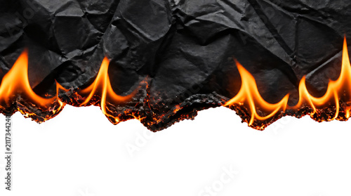 Burning black paper isolated on transparent background
