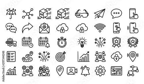 Editable Technology Line Icon Pack with Networking Augmented Reality Share Message and Productivity Symbols Vector