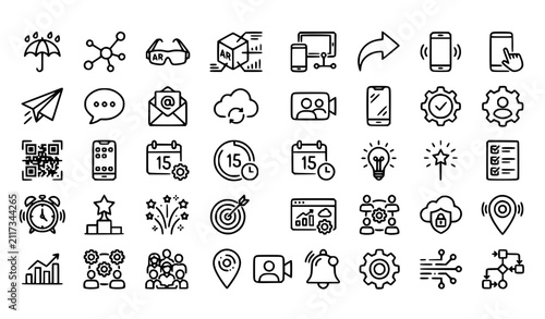 Digital Business Outline Icon Collection with Networking Augmented Reality Share and Workflow Vector