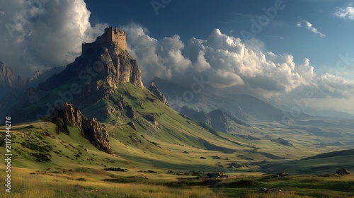 Dramatic medieval castle perched atop a steep green mountain ridge under cloudy sky with sunlight beams.