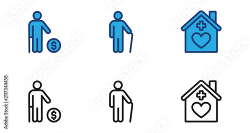 A collection of flat vector icons representing elderly care services including nursing homes financial support and assistance for senior citizens