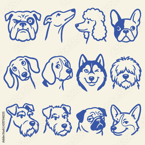 Minimalist dog breed line art icons, set of 12 blue canine head illustrations, modern pet shop branding graphics, cute puppy face vector collection
