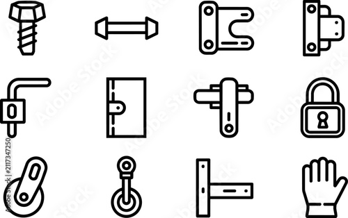 Door hardware and security lock outline icons of bolt, metal hinge, padlock, handle, caster wheel, bracket, and protective work glove