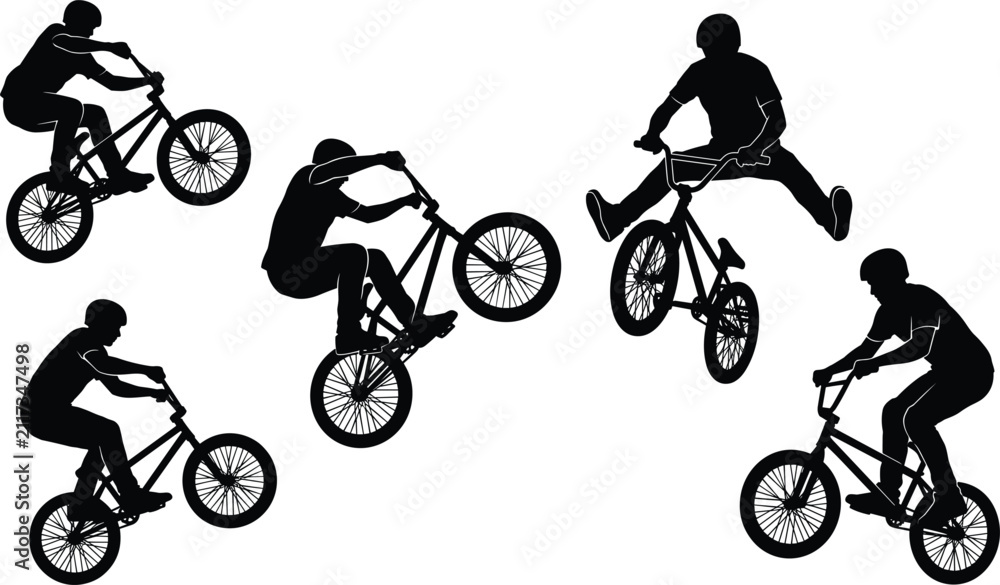 Fototapeta premium Extreme bmx bike rider stunt action silhouettes performing jumps wheelies tailwhips and airborne tricks set collection icons