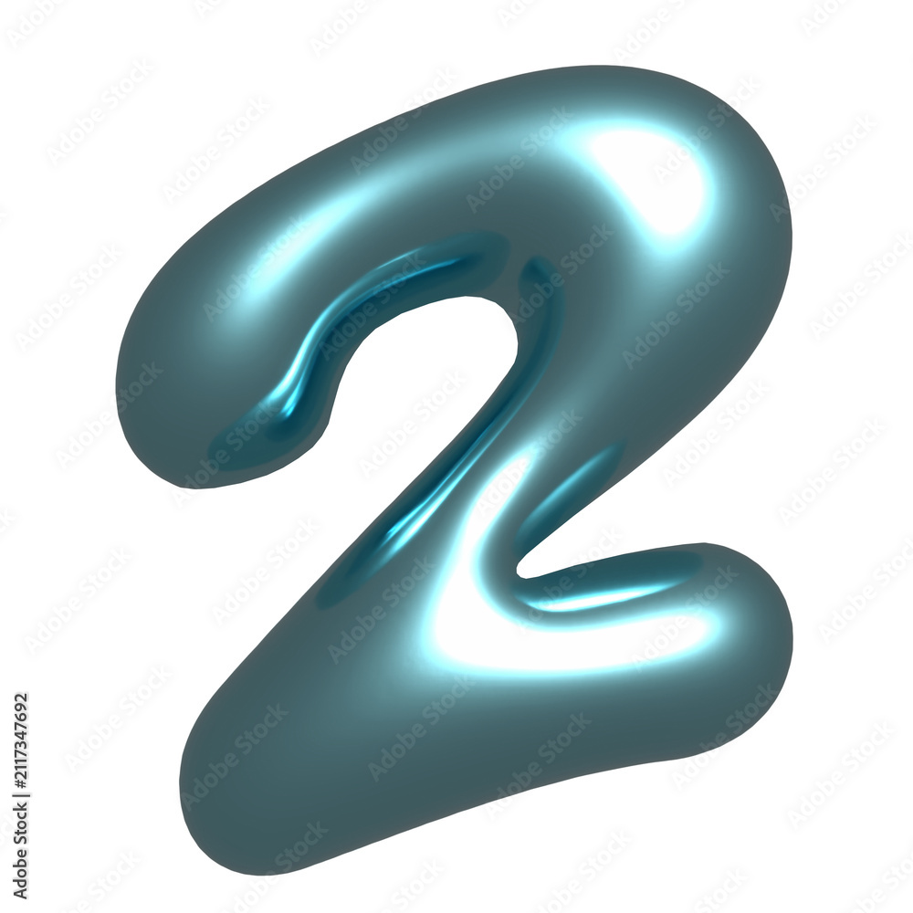 Obraz premium Stylized numeral 2 is floating on transparent background as glossy metallic teal balloon 3D form